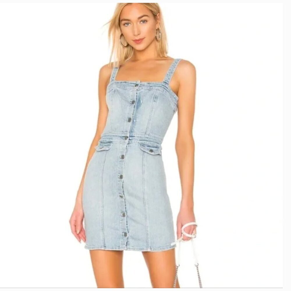 GRLFRND Petra Mini Dress Denim Sleeveless Button Down All Or Nothing Blue Small